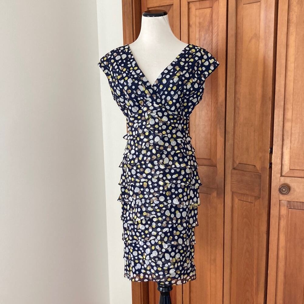 Adrianna Papell Polkadot Chiffon & Mesh Ruffled Dress, Size 6